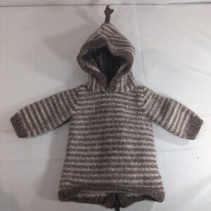Oeuf Baby 100% Alpaca Wool Sweater 12M Brown White Striped Hood Long Sleeve Zip